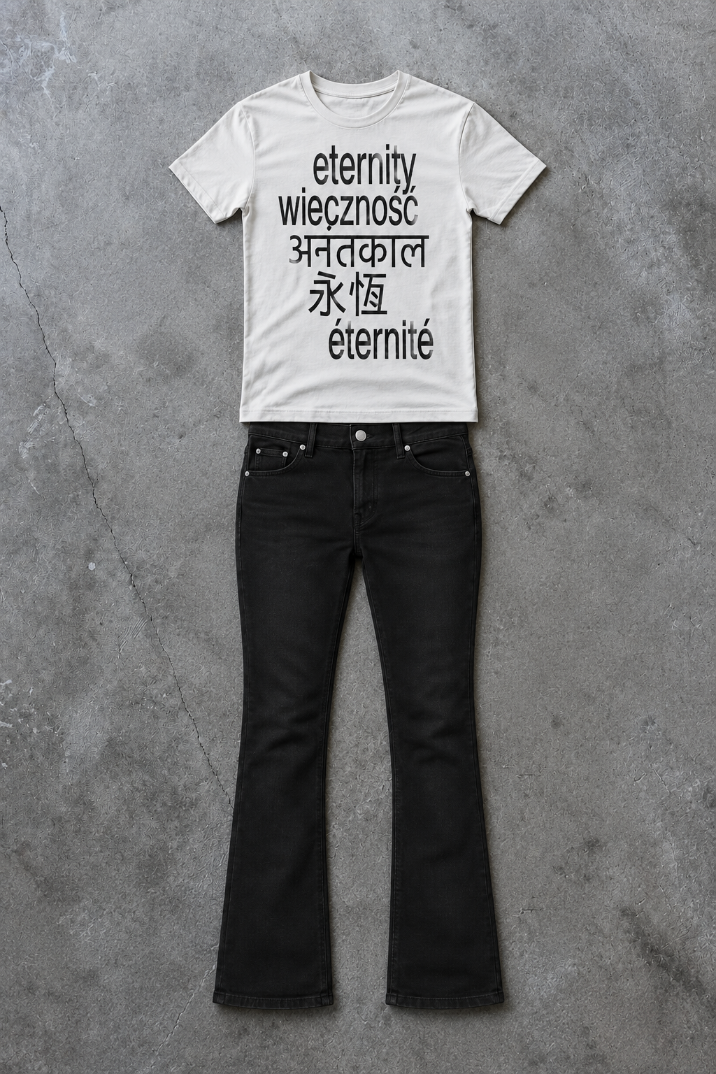 ETERNITY TEE outfit preview with black jeans on concrete