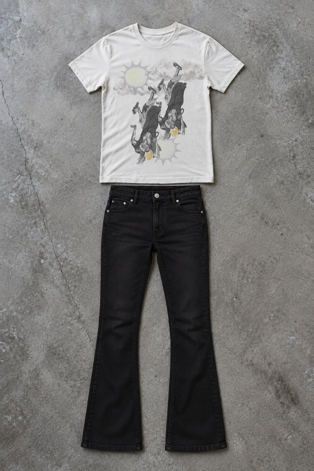 MONK JI TEE fit preview on concrete with black jeans